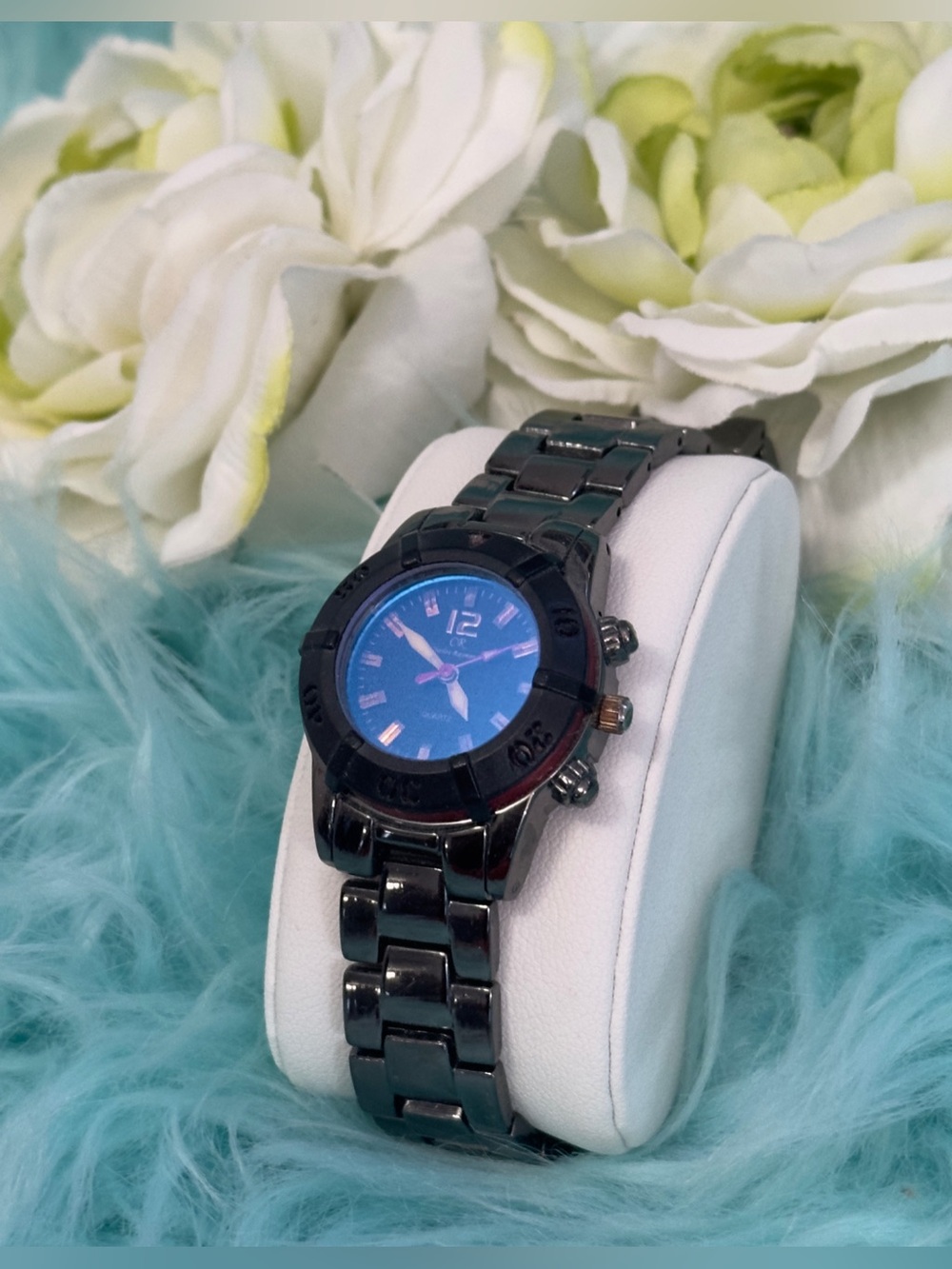 Black Women’s Watch W/Blue Iridescent Face & Gun Metal Black Band Small Face
